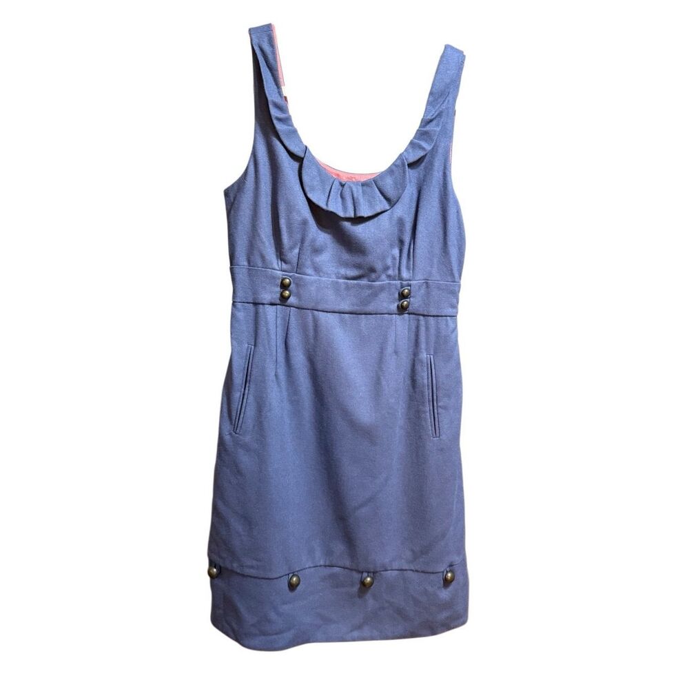 Anthropologie Moulinette Soeurs Wool Blue Gold Button Ruffle Sleeveless Dress Sz